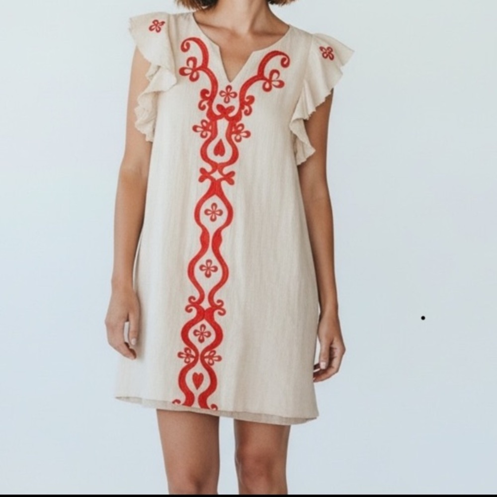 THML Beige Mini Dress Linen Style Gauze Red Embroidery Resortwear Vacation boho